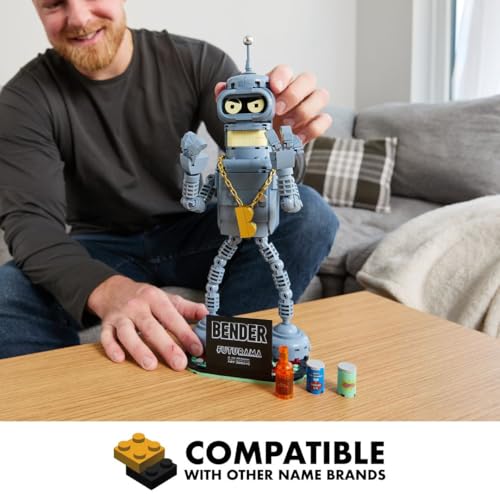 Brickcraft Futurama Bender Brick Building Kit | 396-Piece Posable Robot Figure with Gold Chain & Drinks | Sci-Fi Collectible Display Model, Holiday for Adults, Teens & Animated TV Fans - style: Bender