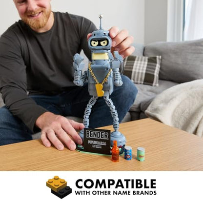 Brickcraft Futurama Bender Brick Building Kit | 396-Piece Posable Robot Figure with Gold Chain & Drinks | Sci-Fi Collectible Display Model, Holiday for Adults, Teens & Animated TV Fans - style: Bender