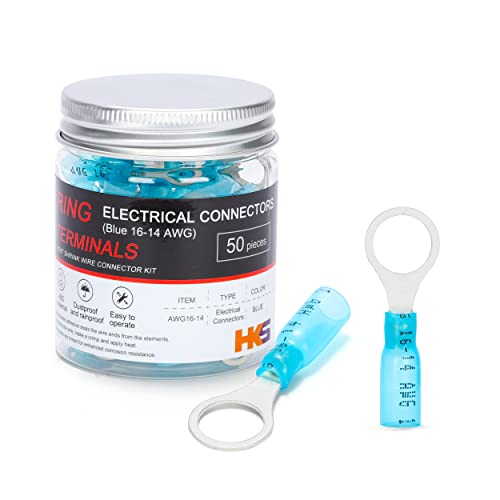 HKS 50 PCS Ring Terminals 3/8" Blue 16-14 AWG - M10 - Electrical Connectors - Heat Shrink Wire Connector Kit - Tinned Red Copper - Automotive Marine Ring Connectors - Waterproof and Insulated - color: Blue, size: 3/8" (M10)