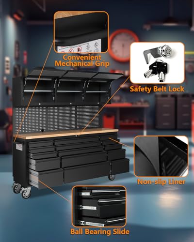 75" Tool Chest Tool Box, Heavy Duty Tool Chest Cabinet with 15 Drawers and 3 Upper Cabinets Combination Tool Cabinet, Large Tool Bench Organizer with Wood Top and Pegboard for Garage, Black - size: 72 in wIth 15 Drawers