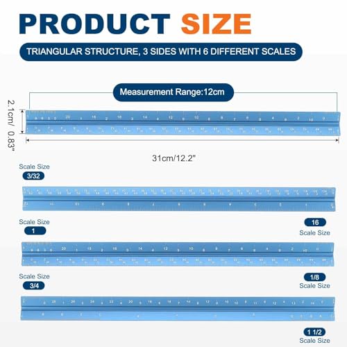 HARFINGTON Architectural Scale Ruler, 12 Inch Standard Aluminum Alloy Architect Triangular Small Scale Laser-Etched Blueprint Drafting Ruler for Architects Engineers, Blue - color: Blue, size: 12 Inch