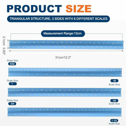 HARFINGTON Architectural Scale Ruler, 12 Inch Standard Aluminum Alloy Architect Triangular Small Scale Laser-Etched Blueprint Drafting Ruler for Architects Engineers, Blue - color: Blue, size: 12 Inch