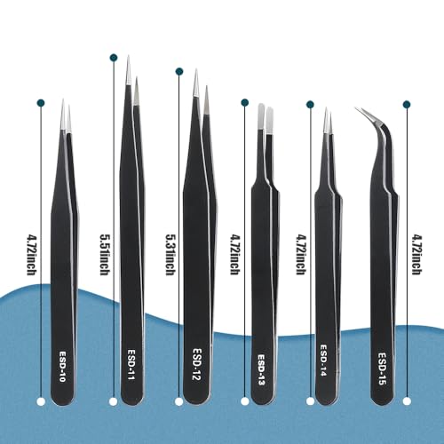 6 Pcs Precision Tweezers Set, Anti-Static Stainless Steel Craft