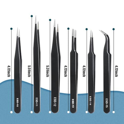 6 Pcs Precision Tweezers Set, Anti-Static Stainless Steel Craft