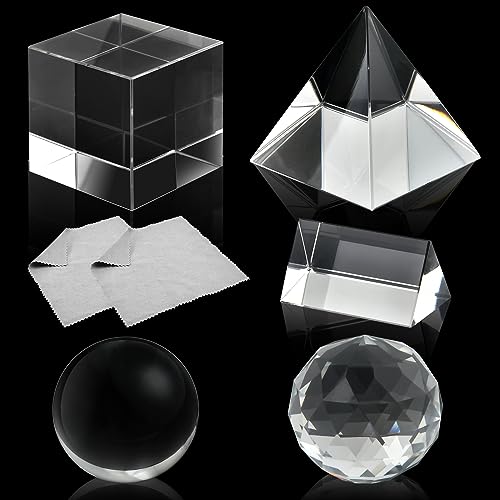 Supkiir 5 Pack K9 Optical Crystal Photography Prism Set with Crystal Ball Glass Triangular Prism Cube Lens Prism Ball and Optical Pyramid, Portable Rainbow Prism for Photos and Teaching Light Spectrum