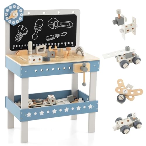 Costzon Kids Tool Bench, Wooden Pretend Workbench w/ 61 Toy Tools and Accessories, Realistic Role Play Construction Building Tool Set, Indoor Outdoor Power Tool Workshop for Boys Girls 3+ - color: Blue + White