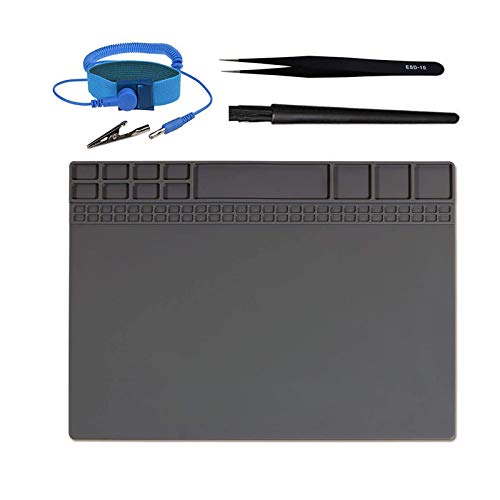 Anti-Static Mat Work Mat Repair Work Mat and 3 Auxiliary Tools, Anti-Static Wrist and Tweezers and Brush 932°F Heat Resistant 15.9” x 12” inch Grey