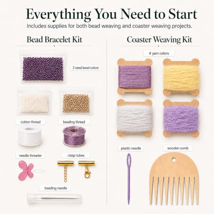 TMEGMIC 2-in-1 Wooden Bead Loom Kit, Bracelet and Coaster Weaving Kit with - color: Lavender Purple Kit