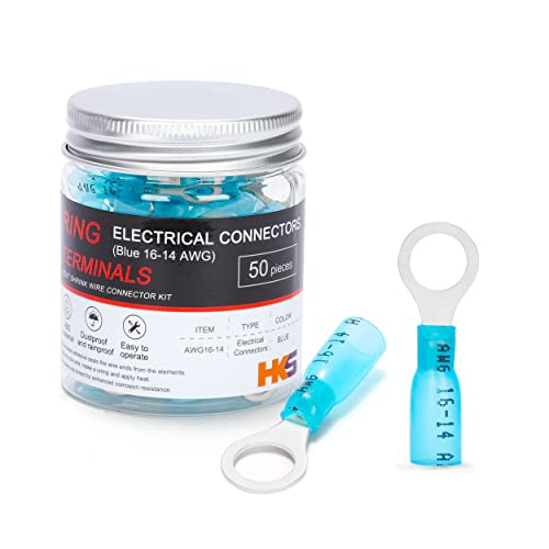 HKS 50 PCS Ring Terminals 5/16" Blue 16-14 AWG - M8 - Electrical Connectors - Heat Shrink Wire Connector Kit - Tinned Red Copper - Automotive Marine Ring Connectors - Waterproof and Insulated - color: Blue, size: 5/16" (M8)
