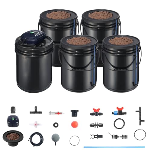 VEVOR RDWC Hydroponics Grow System, Hydroponic Growing Kit with Top Drip, Recirculating Deep Water Culture 4 Buckles and 1 Reservoir, with Air Pump and Water Level Device for Leafy Vegetables - style: 4 Buckets+1 Reservoir
