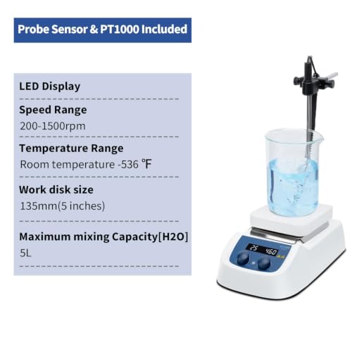 ONiLAB 536℉ 5 inch LED Digital Hotplate Magnetic Stirrer with Ceramic Coated Aluminum Work Plate, 200-1500rpm,5L,110V,Temp Probe Sensor & Support Stand & Stirring Bar Included - style: 536℉ Square Stirrer with Stand