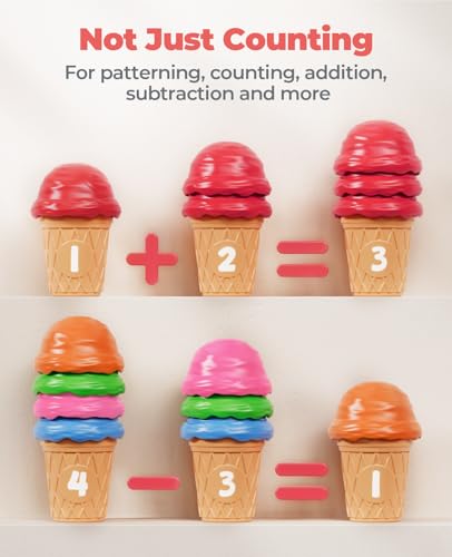 JoyCat Ice Cream Preschool Learning Activities Counting and Color Sorting Set Stacking Toys for Kids 1-5, Educational Fine Motor Skills Toys, 30PCS Math Manipulatives - style: Red Learning Bucket Set(20 ice cream scoops&10 ice cream cones )