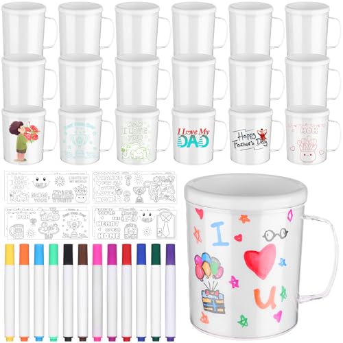 30 Pcs Painted Mug Kit for Kids Bulk 8 oz Plastic Mugs with Handle