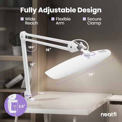 Neatfi XL 2200 Lumens 24W LED Desk Lamp – Shadow-Free Task Lighting | 4-Level Dimming | Home Office & Crafts Use | 20-Inch Wide Head (White, Non-CCT with Clamp) - color: White, size: Non-CCT with Clamp