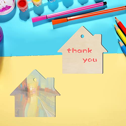 House Shape Hanging Wood House Unfinished Wood with Twines DIY Craft Ornament for Christmas Wedding Birthday Thanksgiving Party Decoration 20Pack