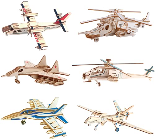 3D Wooden Aircraft Puzzle, 6 Piece Set Aircraft & Helicopter DIY Assembly Build Model Kits, Wood Crafts STEM Brain Teaser Puzzles, 3D Puzzle for Adults & Teens Xmas Birthday Gifts - color: Aircraft & Helicopter