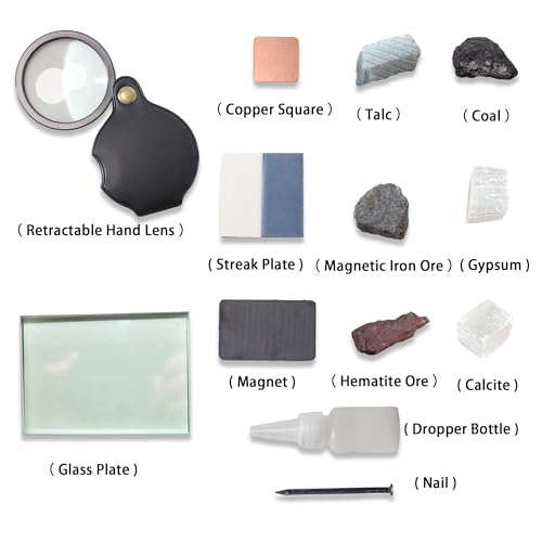 13pc Mineral ID Kit w/Hand Lens, Streak Plate, Magnet & Minerals (Talc/Coal/Calcite) - Hardness/Streak/Acid/Magnetism Tests for Geology Classrooms & Field Analysis