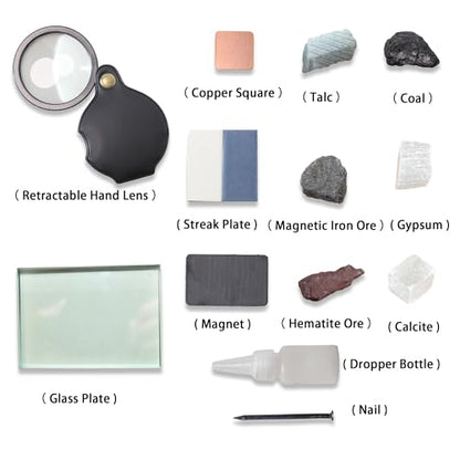 13pc Mineral ID Kit w/Hand Lens, Streak Plate, Magnet & Minerals (Talc/Coal/Calcite) - Hardness/Streak/Acid/Magnetism Tests for Geology Classrooms & Field Analysis