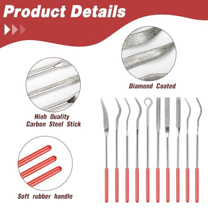 KALIONE 10Pcs Small File Set Diamond Needle File Set, Curved Files Tool, Mini Metal File Diamond File, Miniature and Model Files, File Jewelry Stone Carving Tools(140mm/5.5inch)