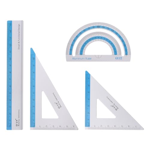 HARFINGTON 4pcs Geometry Set 15cm Metric Measure Ink Printing Aluminum Ruler Metal Ruler Set Triangle Protractor Ruler Tool Set for Classroom, Office, Home, Blue - color: Blue