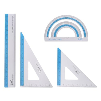 HARFINGTON 4pcs Geometry Set 15cm Metric Measure Ink Printing Aluminum Ruler Metal Ruler Set Triangle Protractor Ruler Tool Set for Classroom, Office, Home, Blue - color: Blue
