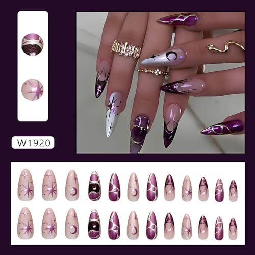 Purple Cat Eye Press on Nails Almond Shape Length Fake Nails Glossy Ombre False Nails with 3D Metal Irregular Lines Designs Acrylic Nail Press Ons Full Cover Glue on Nails for Women 24Pcs - color: Style16