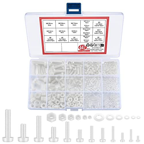 447 Pcs White Nylon Plastic Pan Round Head Screws Bolts and Nuts and Gaskets, Metric Full Threaded Hex Head Screws Bolts and Nuts and Washers Assortment Set - M2/M2.5/M3/M4/M5/M6