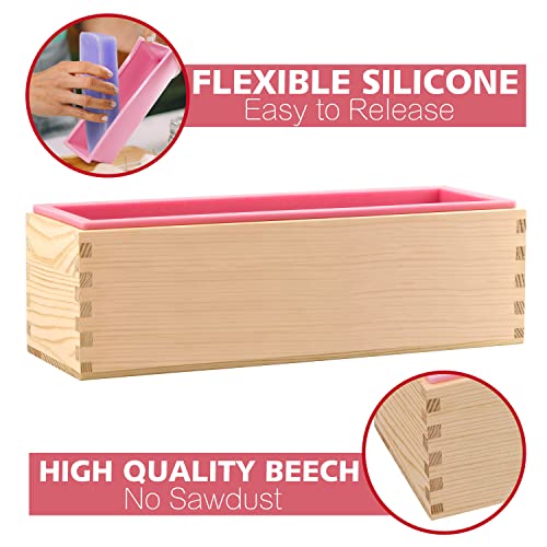Lerykin 2 pcs Rectangular Soap Molds Kit with Cutters - 42oz Flexible Silicone Loaf Soap Mold with Wooden Box, Stainless Steel Wavy & Straight Scraper for Homemade Craft Soap Making Supplies - color: Pink+Yellow - Rectangle