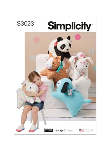 Simplicity SS3023OS Plush Bunny, Cat, Dog and Panda Sewing Pattern Packet by Elaine Heigl Designs, Design Code S3023, One Size, Multicolor