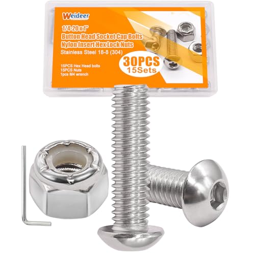 weideer 30pcs 1/4-20 x1 Nuts and Bolts Kit, Stainless Steel 18-8 (304) Button Head Socket Cap Bolts,Nylon Insert Hex Lock Nuts with Hex Spanner K-197 - size: 1/4-20 x1", style: Button Head Hex