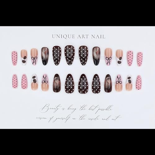 Stiletto Press on Nails Long Chocolate Fake NailPolka dot with Chocolate Beans Charm Acrylic Nail Press ons Brown Bow Stick on Nails for Women 24pcs - color: Color17