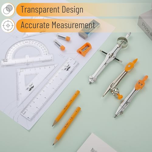 Mr. Pen- Geometry Set, 13 pcs, 3 Metal Compasses, Protractor, 6" Ruler | 45° & 30°/60° Set Squares, Pencils, Lead Refills, Sharpener & Eraser for Math, Drafting & Classroom Use - color: Orange