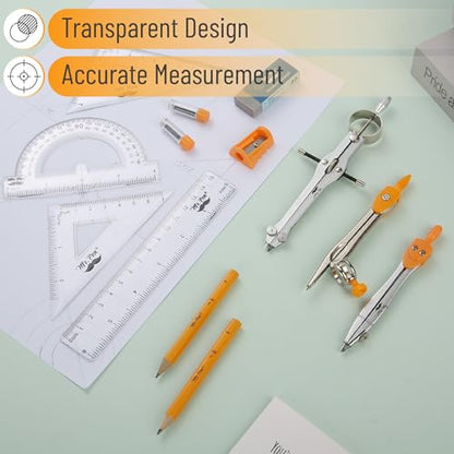 Mr. Pen- Geometry Set, 13 pcs, 3 Metal Compasses, Protractor, 6" Ruler | 45° & 30°/60° Set Squares, Pencils, Lead Refills, Sharpener & Eraser for Math, Drafting & Classroom Use - color: Orange