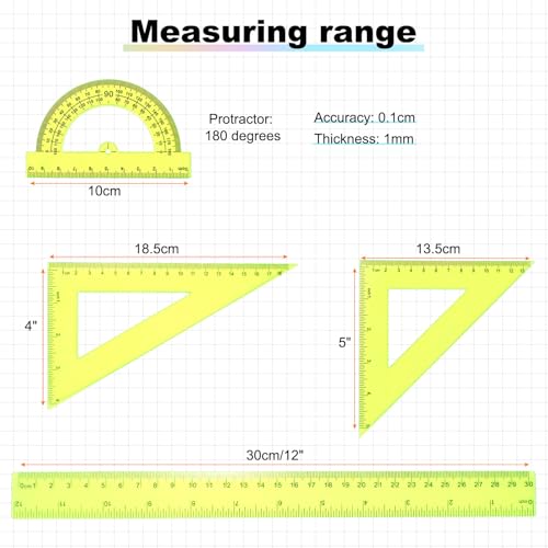 HARFINGTON 4pcs Triangular Ruler Set 30cm Plastic Metric Inch Geometric Protractor Triangle Engineering Scale Drafting Ruler Kit for Office Home, Yellow - color: Yellow, size: 30cm