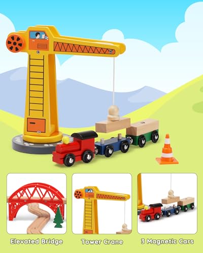 SainSmart Jr. Wooden Train Set for Toddler, 41pcs Wood Train Track w/Crane Fits Brio, Thomas, Melissa and Doug, Kids Wood Toy Train for Kids Ages 3+ - style: Crane