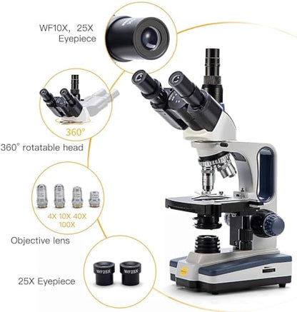 Swift SW350T Compound Trinocular Microscope,40X-2500X Magnification,Two-Layer Mechanical Stage,with 5.0 mp Camera and Software Windows/Mac Compatible and 5 PCS Prepared Slides and 5 PCS Blank Slides - style: SW350T-EC5R-5PBC