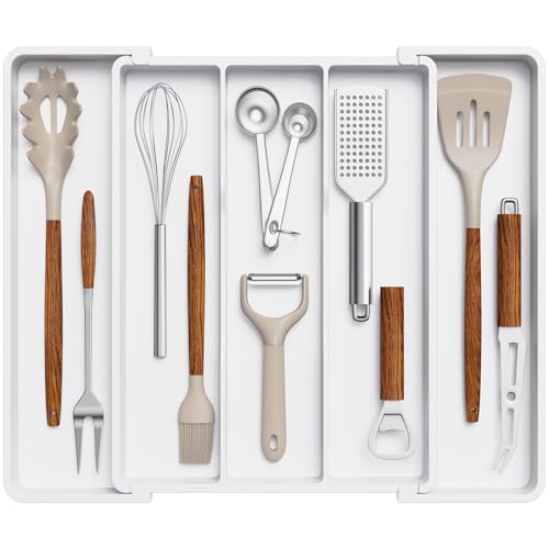 Lifewit Utensil Organizer for Kitchen Drawers, Expandable Utensil Tray - color: White, size: Medium(11-18''W x 14''D)