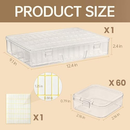 Bead Organizer Box, 60 Pack Small Clear Storage Boxes with Labels, Large Travel Craft Case with Handle, Mini Plastic Containers for Jewelry Making Diamonds DIY Pony Bracelet Screws Seeds Small Parts - size: 1 Pack 60 Pcs