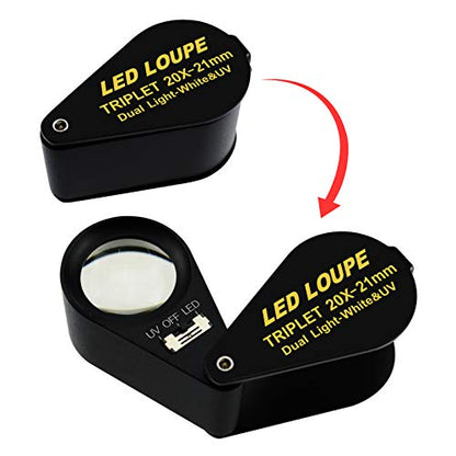 Jewelry Loupe 20X 21mm Triplet Lens Foldable Pocket Magnifying Glass with LED UV Light, Jewelers Loupe with Case Cloth Lanyard for Diamonds Gemstones Coins Stamps - color: 20x Magnification