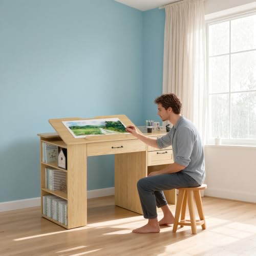 Drafting Table with Storage Cabinet & Drawers, Adjustable Drawing Table with Open Shelves, Craft Art Desk for Artists, Painters, Drawing, Crafting, Reading, Writing, Working - color: Natural Oak
