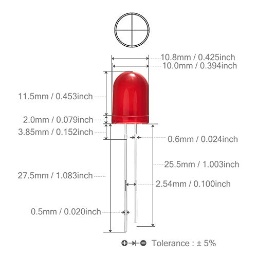 CHANZON 50 pcs 10mm Red Diffused LED Diode Lights (DC 2V 20mA) - color: F) Red-red (50pcs)