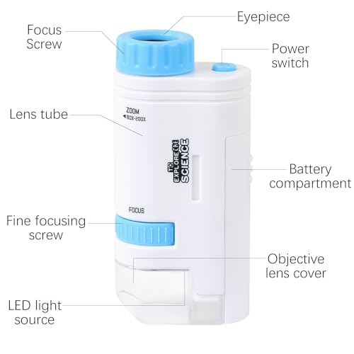 Microscope Pocket Handheld Miniscope 80X-200X Portable Microscope with LED Light for Learning Education Exploring (Blue)
