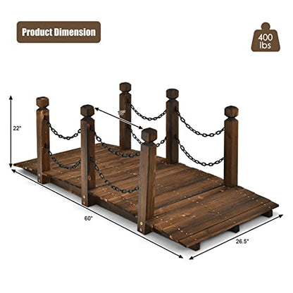 Tangkula 5 FT Wooden Garden Bridge, Arc Footbridge w/Safe Chain Railings, Outside Small Arc Pond Bridge, Decorative Fir Bridge for Landscaping Garden, Pond, Stream, Courtyard, Holds up to 400 LBS