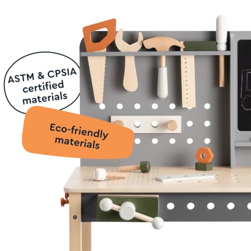 Kids Wooden Workbench, 61-Piece Tool Bench Set with Saw, Hammer, Spanner, Screwdriver, Nuts and Bolts, Chalkboard, Safety Goggles and Gloves, Construction Toy, Pretend Play, Boys, Girls Age 3+