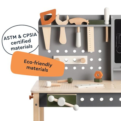 Kids Wooden Workbench, 61-Piece Tool Bench Set with Saw, Hammer, Spanner, Screwdriver, Nuts and Bolts, Chalkboard, Safety Goggles and Gloves, Construction Toy, Pretend Play, Boys, Girls Age 3+