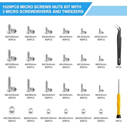 1020 Pcs Micro Screws Assortment Kit, M1-M2.5 Metric Machine Screws and Nuts, 304 Stainless Steel Phillips Pan Head Tiny Small Screws with Tools for Electronics,Arduino,RC Models,DIY Projects