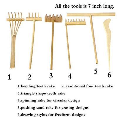Mini Zen Garden Rake Set 6PCS - Premium Natural Bamboo Sand Rakes with Gift Box - Zen Garden Tools Kit Accessories Japan Zen Gift Stylus for Meditation & Sand Art