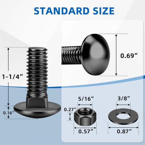 Mellewell 5/16-18 x 1-1/4" Carriage Bolt Kit, Carriage Bolts with Nuts and Washers, Round Head Square Neck, 304 Stainless Steel, Full Thread, Black Finish, 8 Sets - color: Black, size: 5/16-18 x 1-1/4"