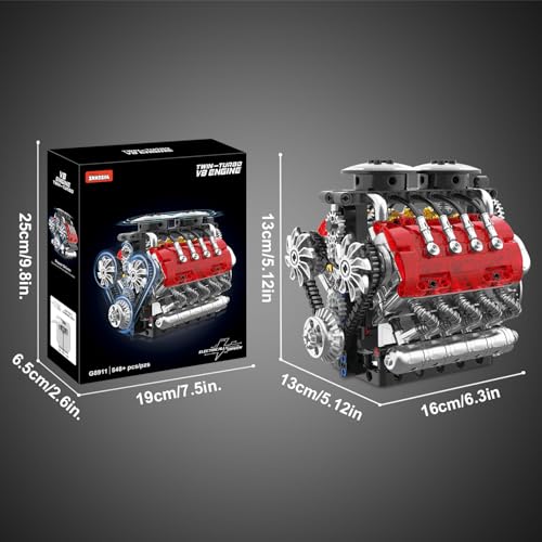 V8 Engine Model Kit That Runs - Twin-Turbo Engine Motor Building Block Sets, Motorized With Moving Pistons, Crankshaft & Rotating Fan, Best Stem Build Toy Gifts for Adults Kids Age 8+, 548 Pcs