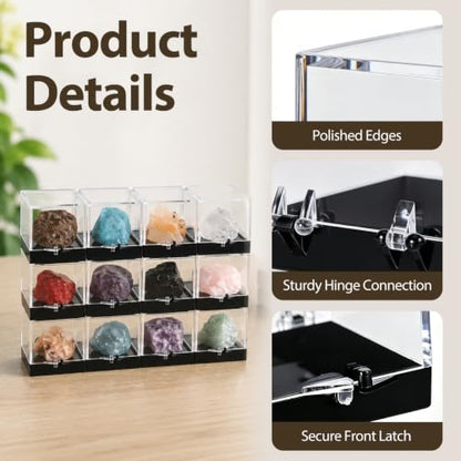 Healvian 12Pcs Clear Specimen Display Cases 1.37 X 1.37 X 1.37 in Acrylic Mineral Specimen Box Storage Cases with Lids for Rocks Crystals Small Samples Collectibles